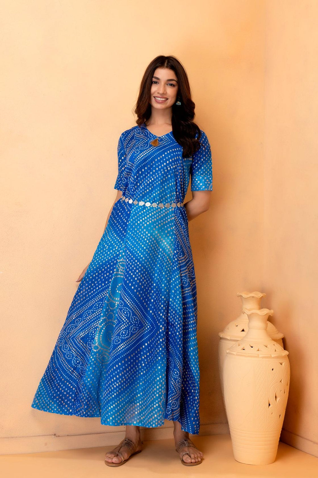 Blue Hand Dyed Kota Silk Bandhani Dress - Geroo Jaipur