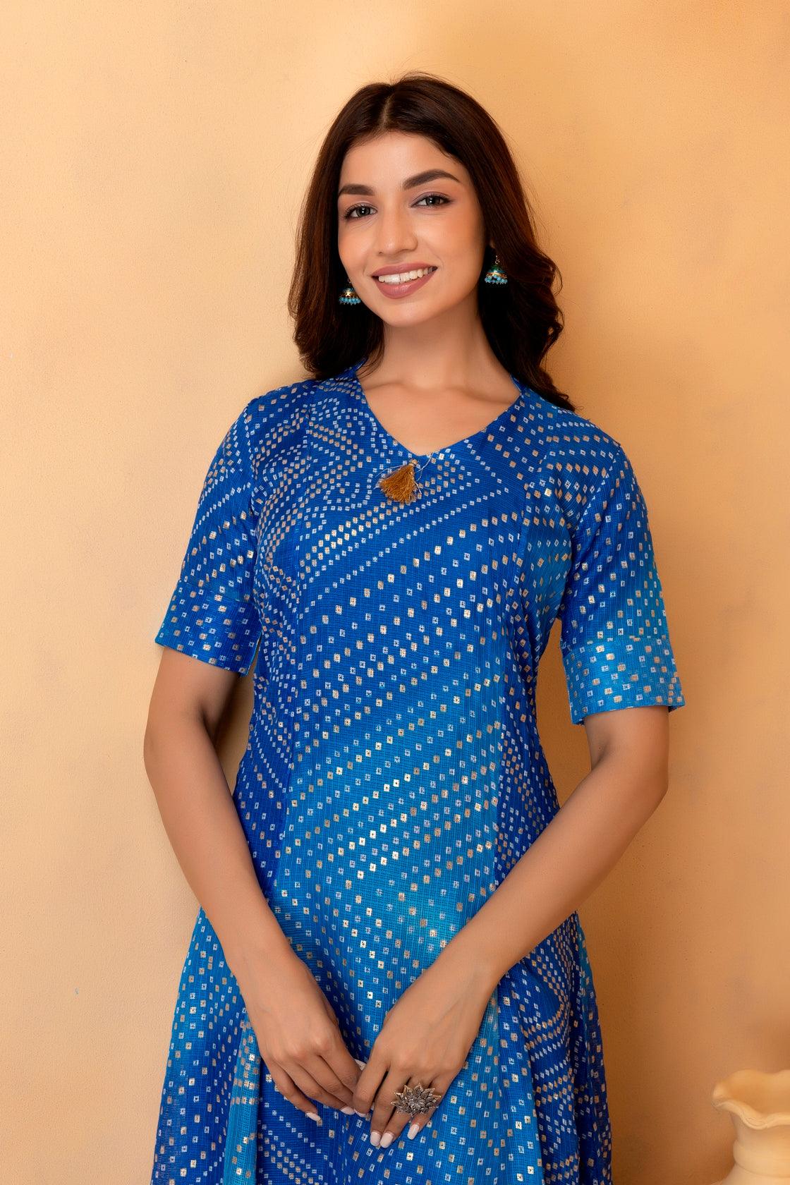 Blue Hand Dyed Kota Silk Bandhani Dress - Geroo Jaipur