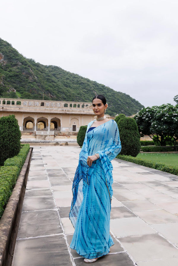 Blue Hand Dyed Shibori Bandhani Chiffon Saree - Geroo Jaipur