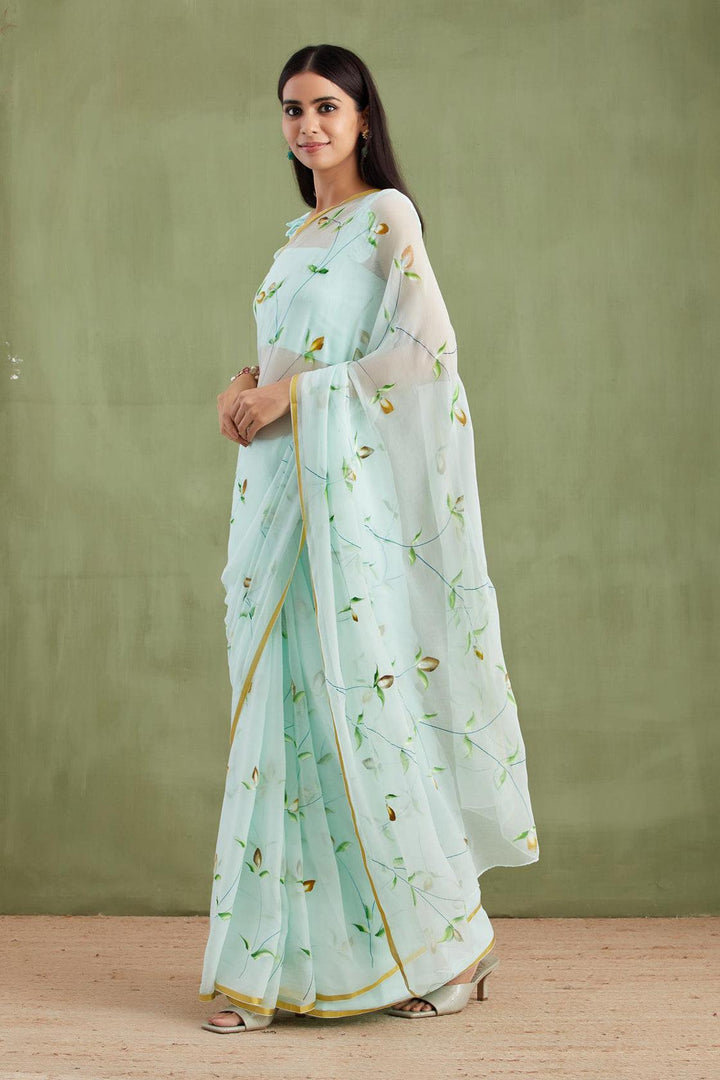 Blue Hand Painted Floral Chiffon Saree - Geroo Jaipur