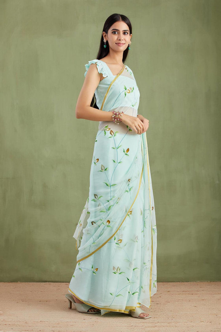 Blue Hand Painted Floral Chiffon Saree - Geroo Jaipur