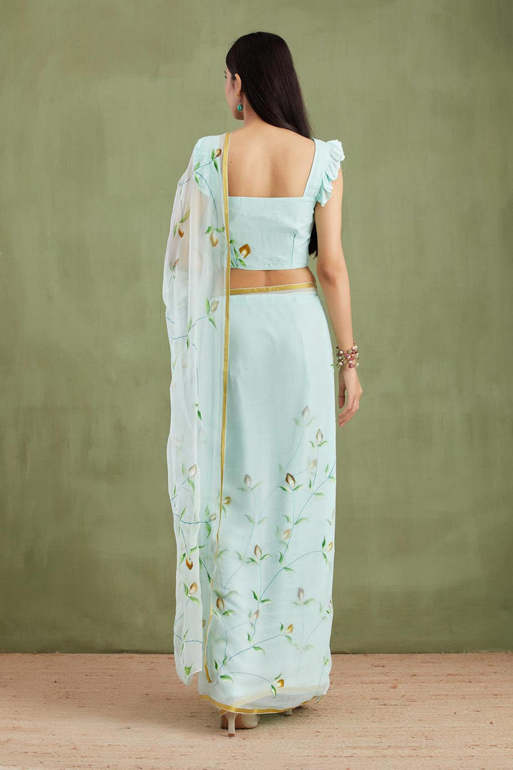 Blue Hand Painted Floral Chiffon Saree - Geroo Jaipur