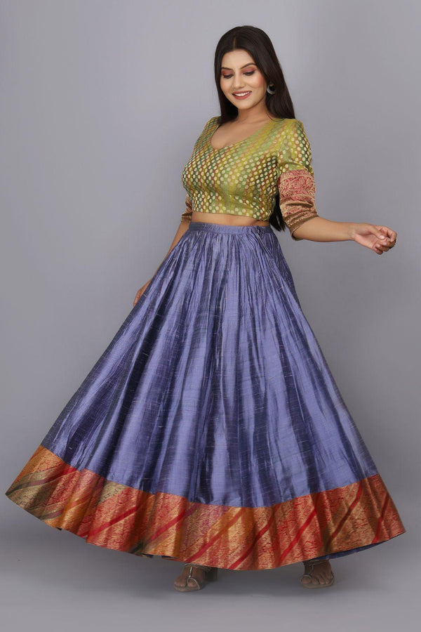 Blue hand woven raw silk skirt with green blouse - Geroo Jaipur