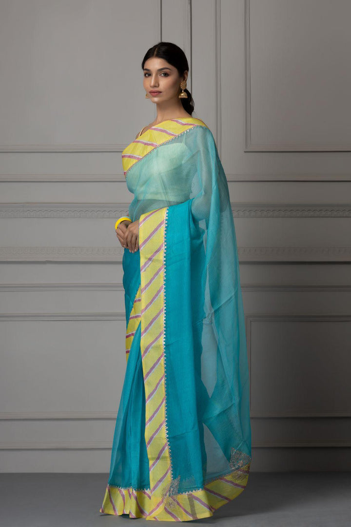 Blue Handcrafted Pitan Work Pure Kota Silk Saree - Geroo Jaipur