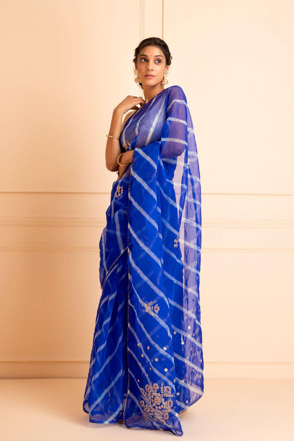 Blue Handcrafted Pittan Work Organza Leheriya Saree - Geroo Jaipur