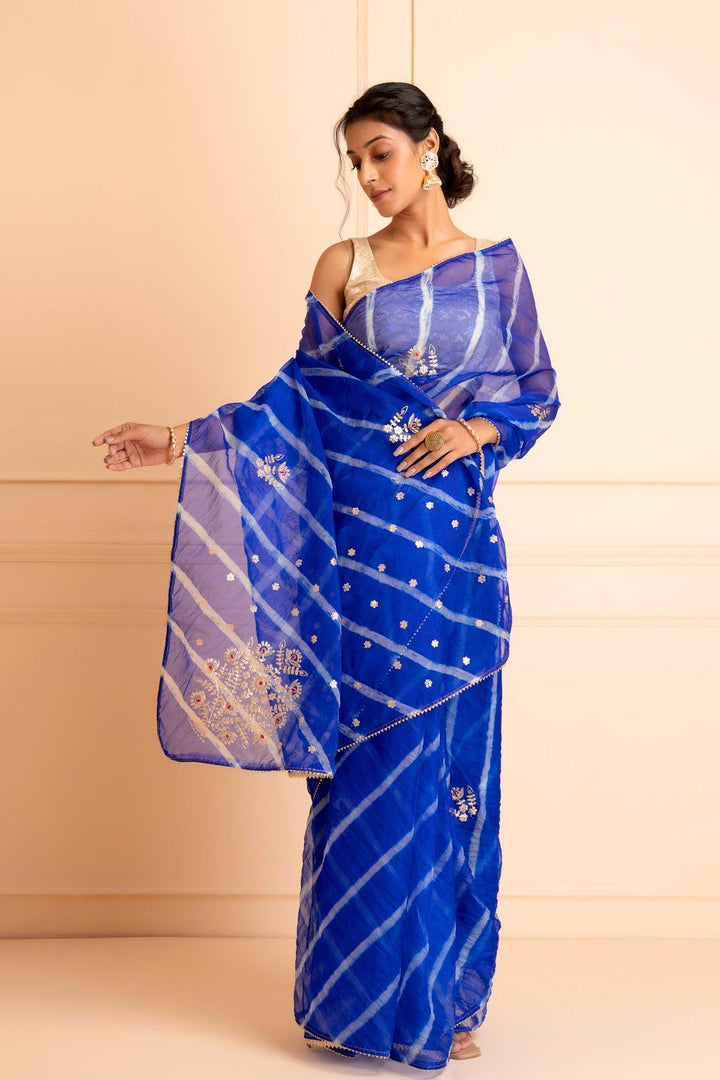 Blue Handcrafted Pittan Work Organza Leheriya Saree - Geroo Jaipur