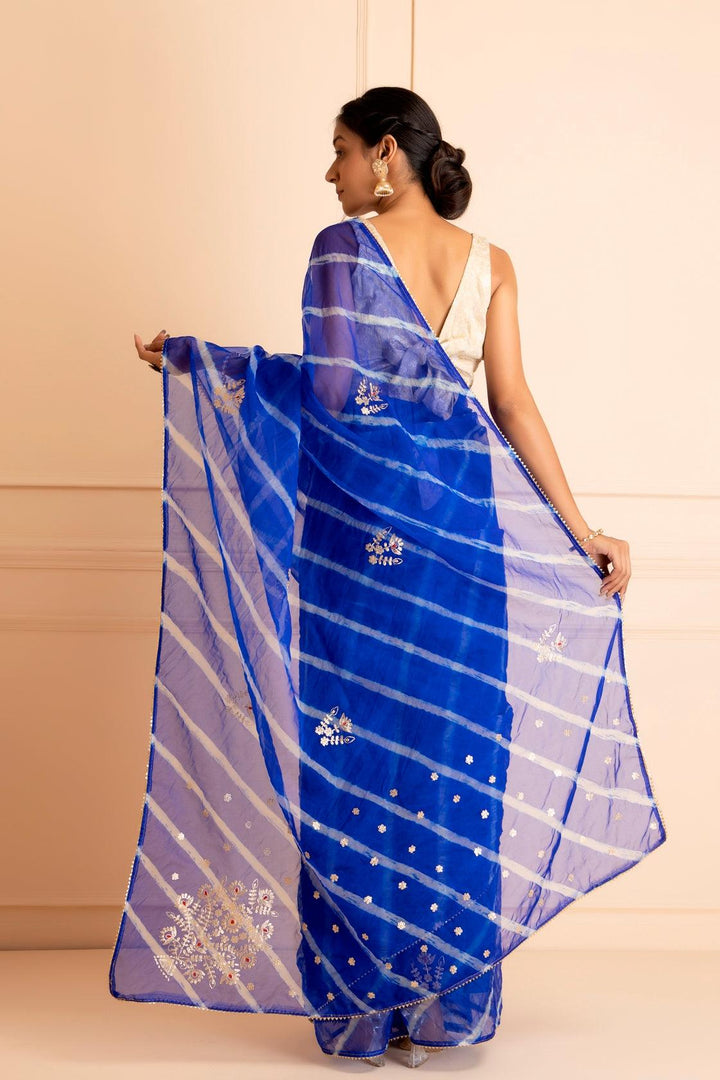 Blue Handcrafted Pittan Work Organza Leheriya Saree - Geroo Jaipur