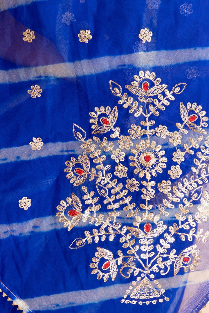 Blue Handcrafted Pittan Work Organza Leheriya Saree - Geroo Jaipur