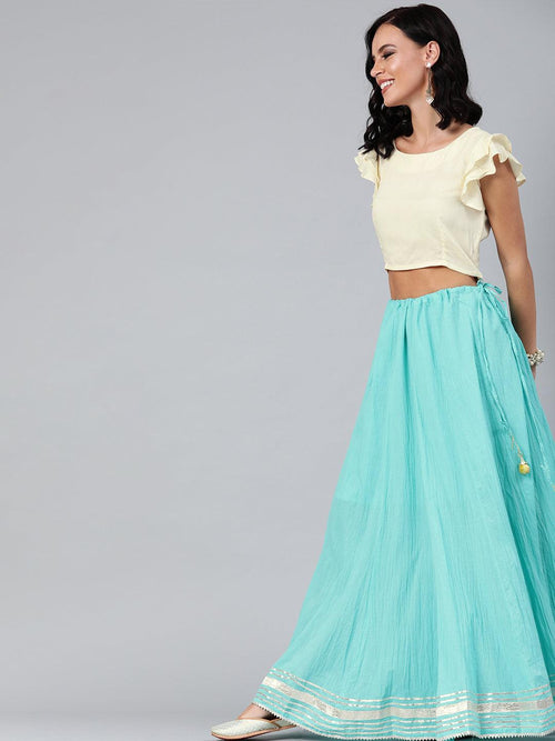 Blue Handcrafted Pure Cotton Skirt With Crop Top - Geroo Jaipur