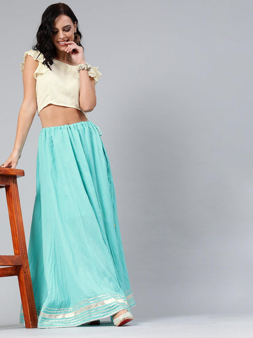 Blue Handcrafted Pure Cotton Skirt With Crop Top - Geroo Jaipur