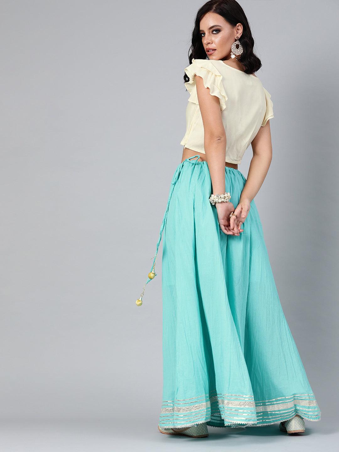 Blue Handcrafted Pure Cotton Skirt With Crop Top - Geroo Jaipur