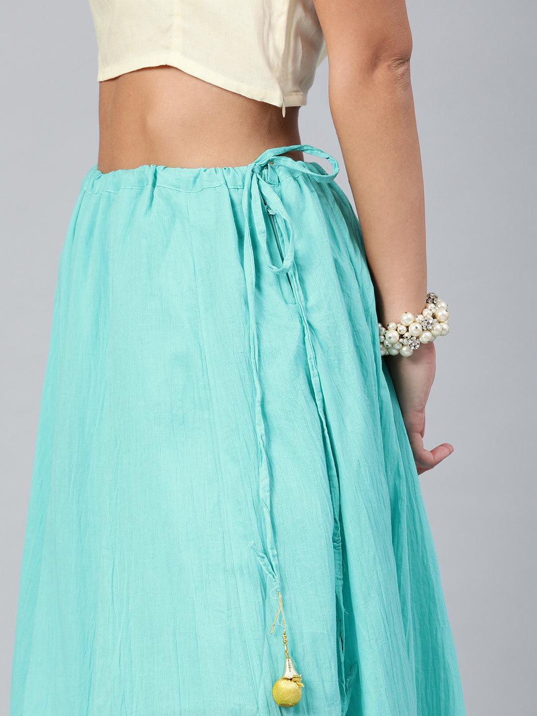 Blue Handcrafted Pure Cotton Skirt With Crop Top - Geroo Jaipur