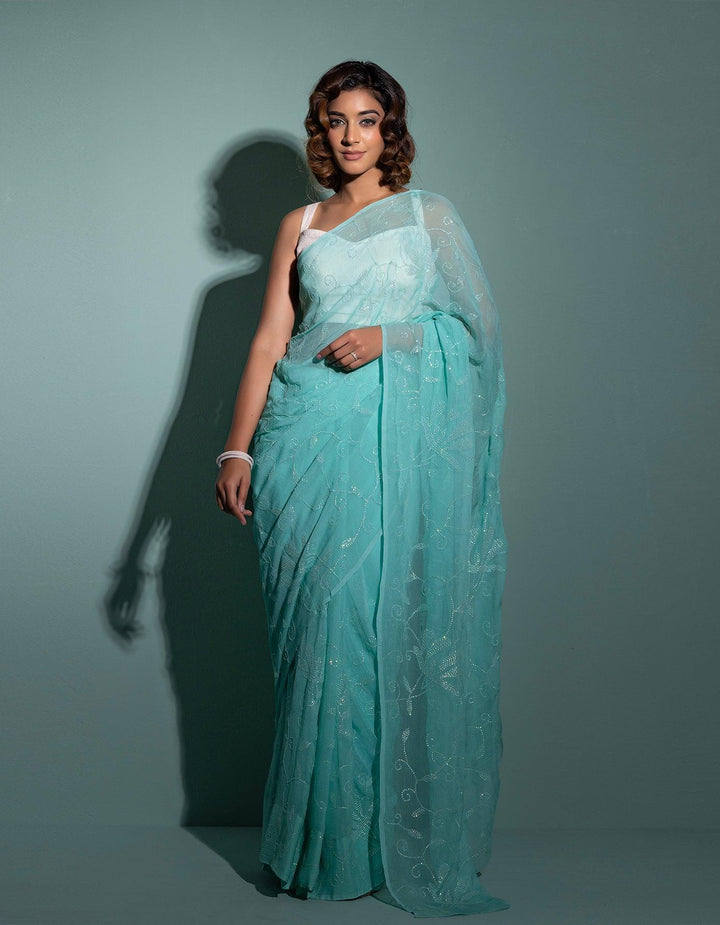 Blue handcrafted sequins jaal pure chiffon saree - Geroo Jaipur