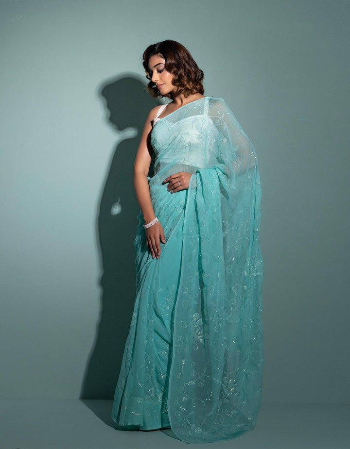 Blue handcrafted sequins jaal pure chiffon saree - Geroo Jaipur