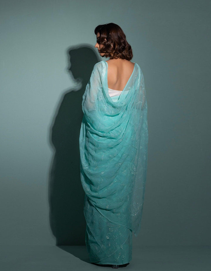 Blue handcrafted sequins jaal pure chiffon saree - Geroo Jaipur