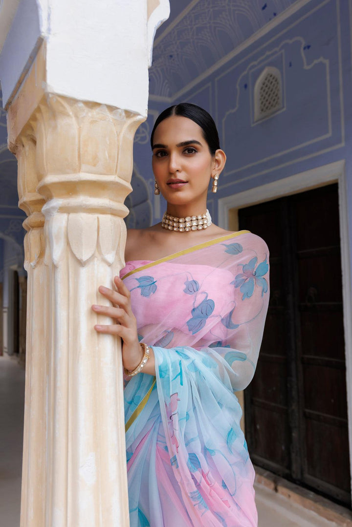 Blue-Pink shaded Hand Painted Floral Chiffon Saree - Geroo Jaipur