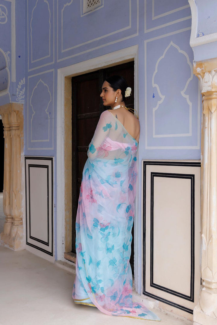 Blue-Pink shaded Hand Painted Floral Chiffon Saree - Geroo Jaipur