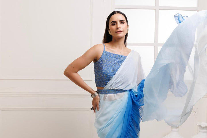 Blue Pleated Ombre Chiffon Saree With Stitched Blouse - Geroo Jaipur