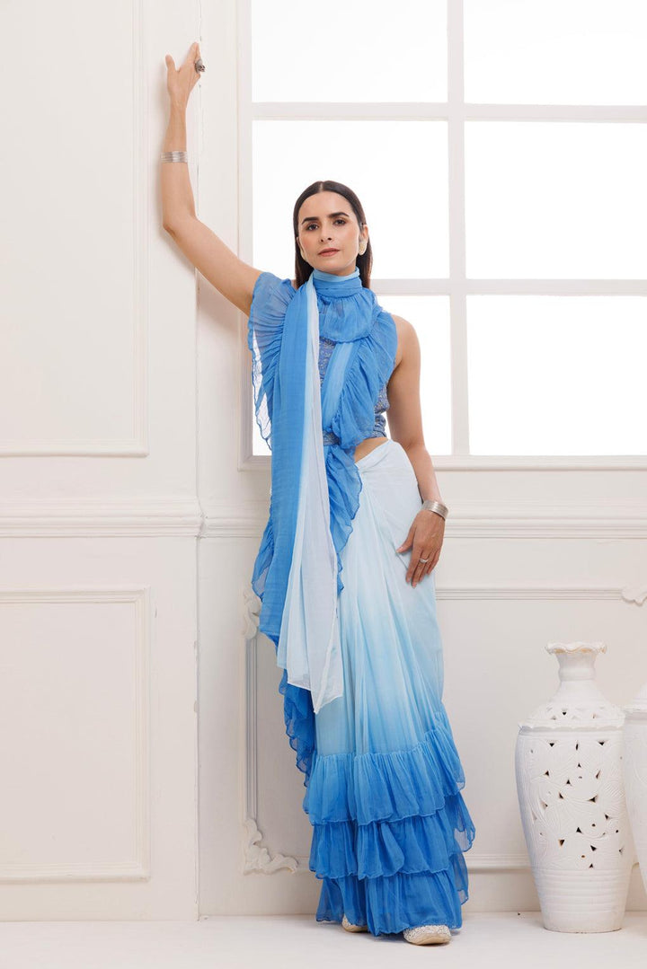 Blue Pleated Ombre Chiffon Saree With Stitched Blouse - Geroo Jaipur