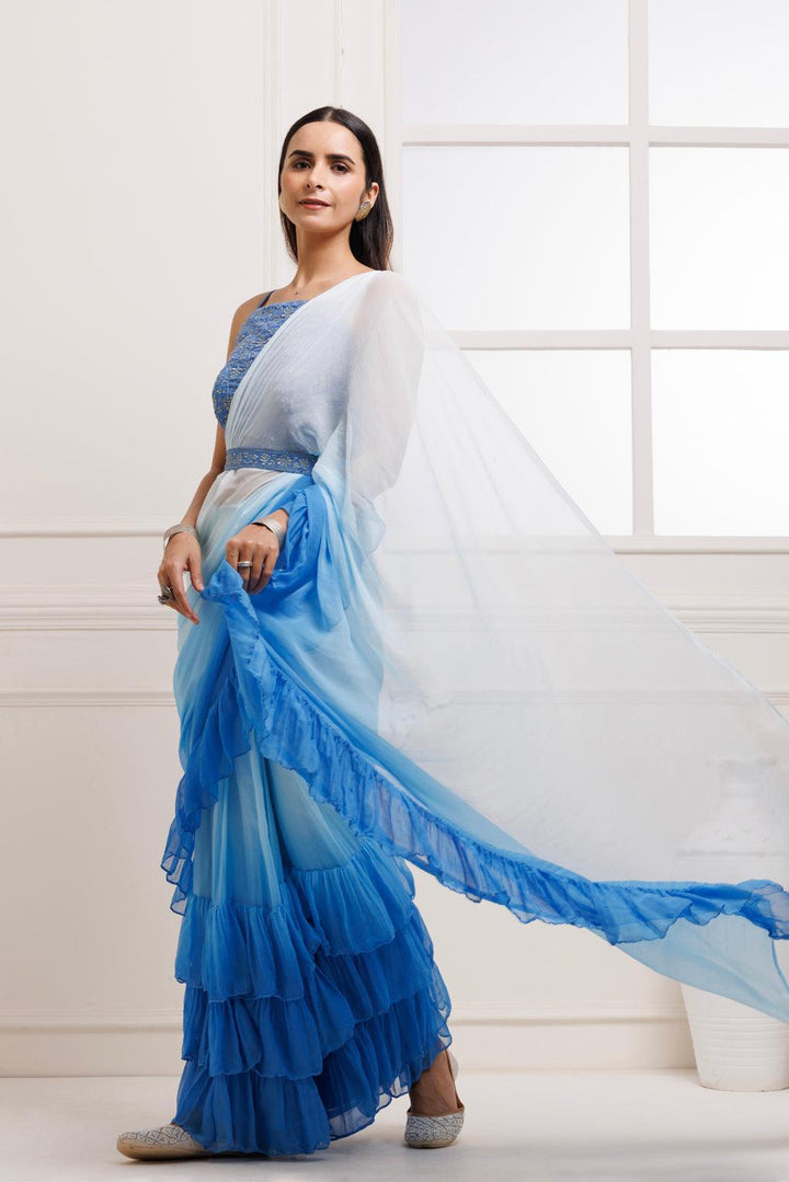 Blue Pleated Ombre Chiffon Saree With Stitched Blouse - Geroo Jaipur