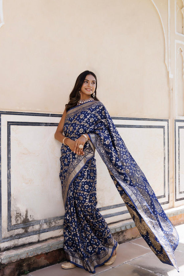 Blue silk banarasi bandhani saree - Geroo Jaipur