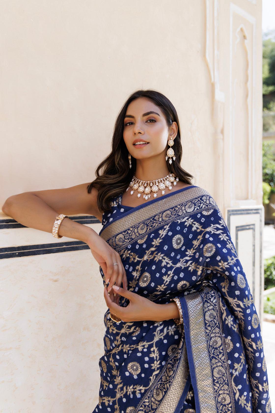 Dark Blue Bandhani Saree with Heavy Gota Zari - Monastoor- Indian ethnical  dress collections with more than 1500+ fashionable indian traditional  dresses and ethnical jewelleries.