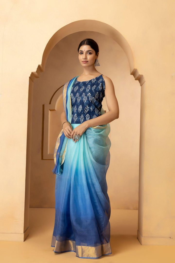 Blue Tie & Die Pure Kota Silk Hand Dyed Saree - Geroo Jaipur