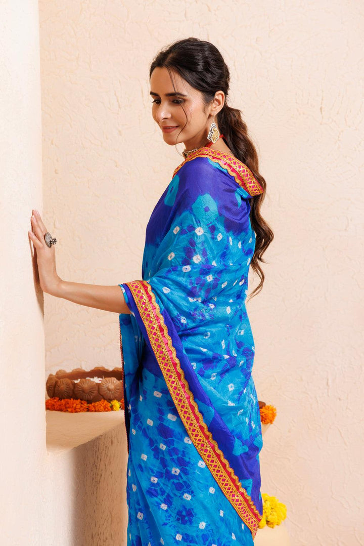 Blue-Turquoise Blue Shibori Bandhani Drapped Silk Saree - Geroo Jaipur