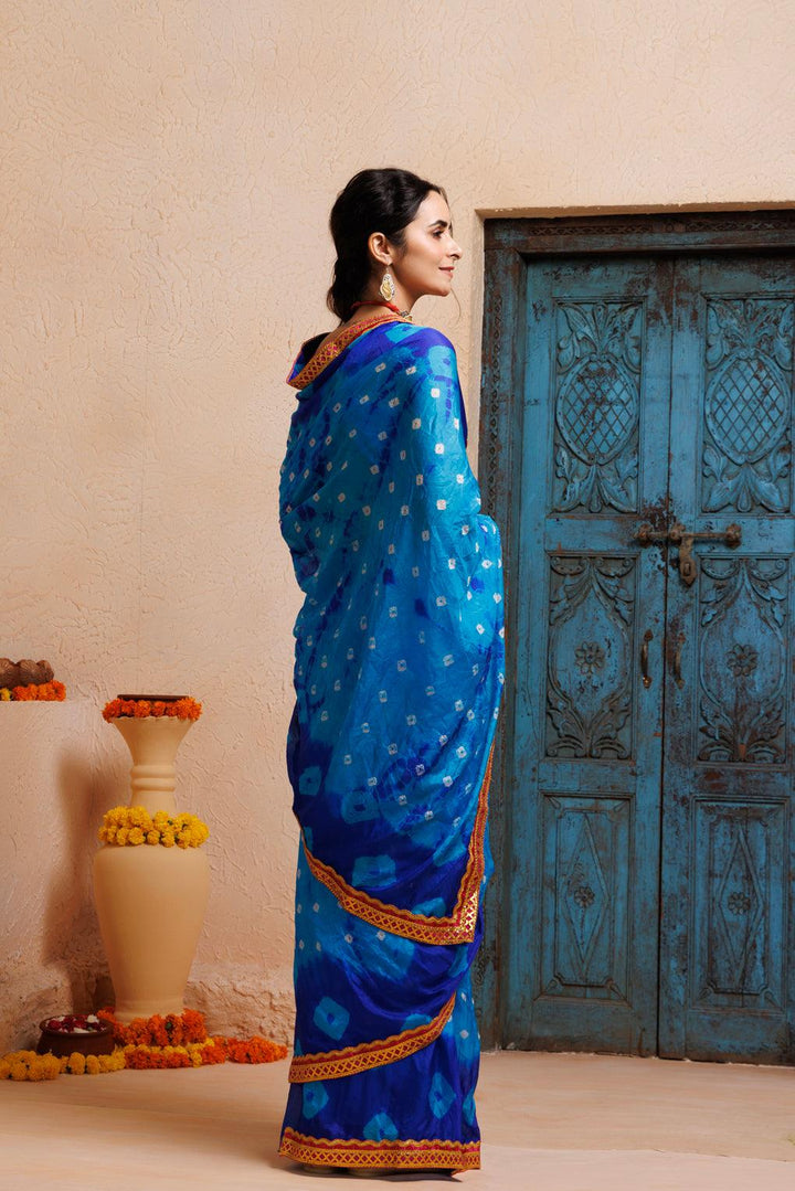 Blue-Turquoise Blue Shibori Bandhani Drapped Silk Saree - Geroo Jaipur