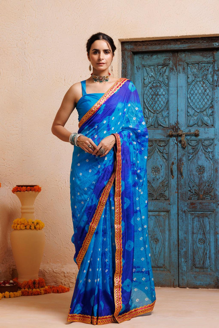 Blue-Turquoise Blue Shibori Bandhani Drapped Silk Saree - Geroo Jaipur