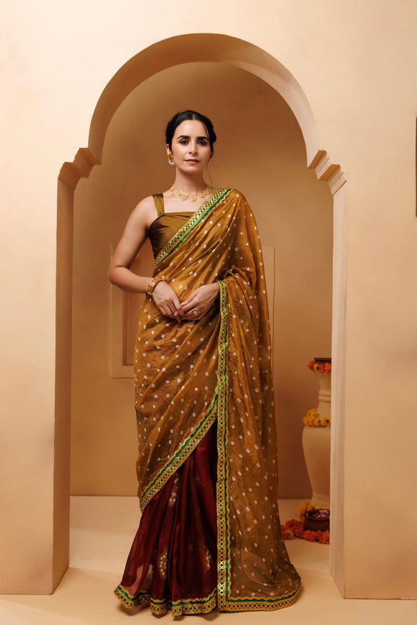 Brown-Maroon Bandhani Silk Drapped Saree - Geroo Jaipur