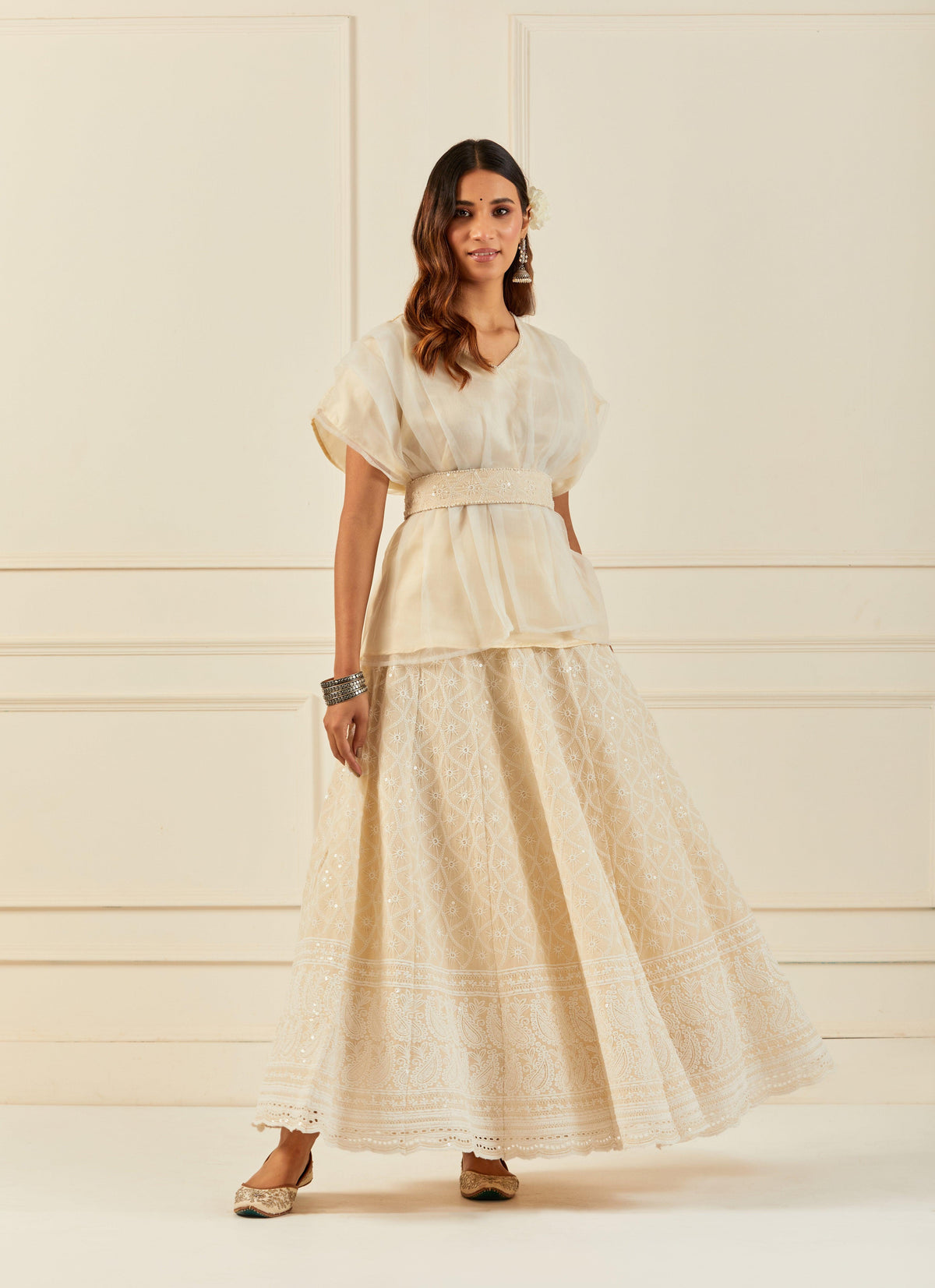 Cream Chikankari Lehenga Set With Kaftan