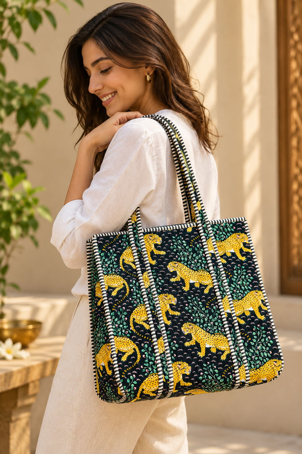 Black Animal Handblock Print tote bag