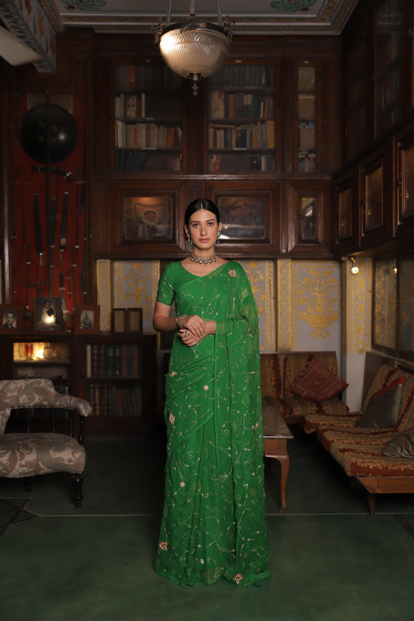 Dark Green Hand Embroidered Chiffon Saree - Geroo Jaipur