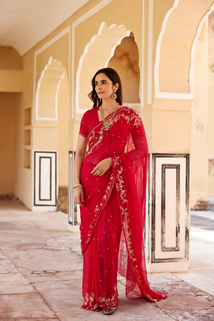 Dark Pink Hand Embroidered Aari-Zardozi Chiffon Saree - Geroo Jaipur