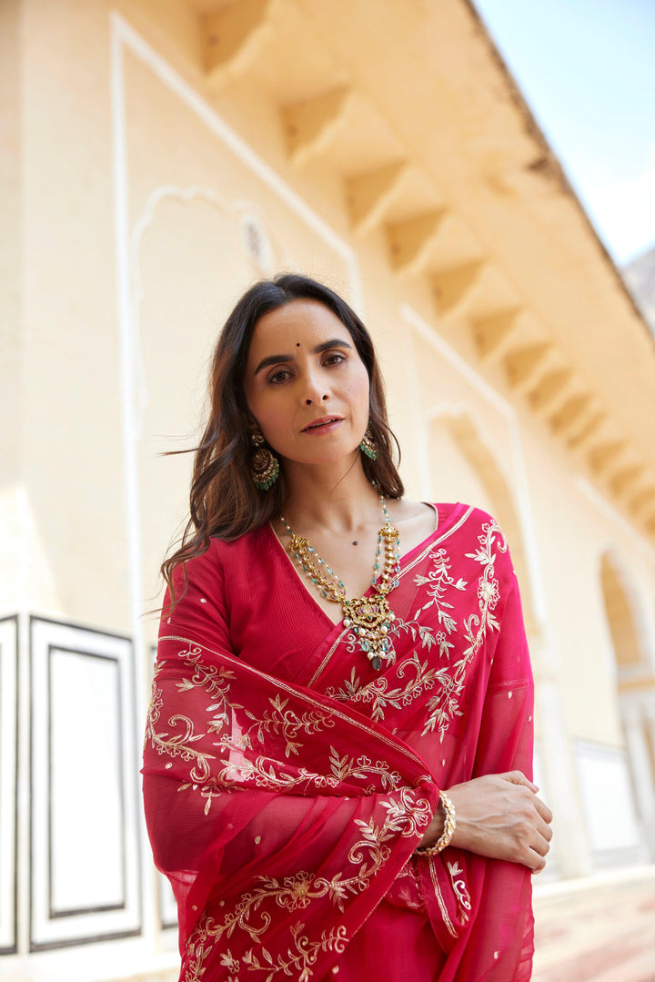 Dark Pink Hand Embroidered Aari-Zardozi Chiffon Saree - Geroo Jaipur