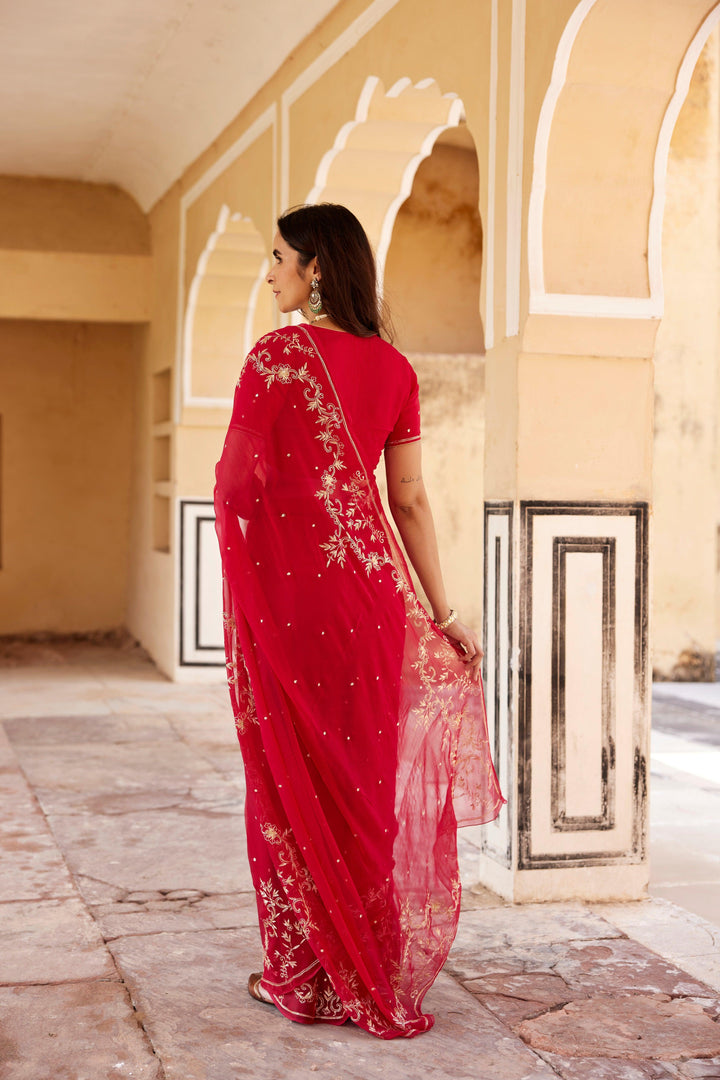 Dark Pink Hand Embroidered Aari-Zardozi Chiffon Saree - Geroo Jaipur