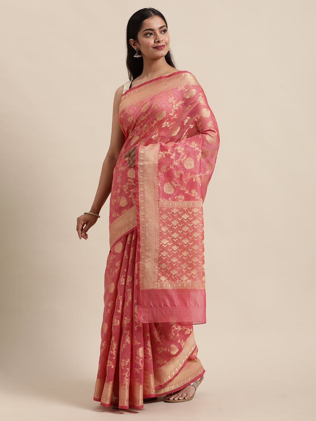Pink Kota Doria Silk Saree