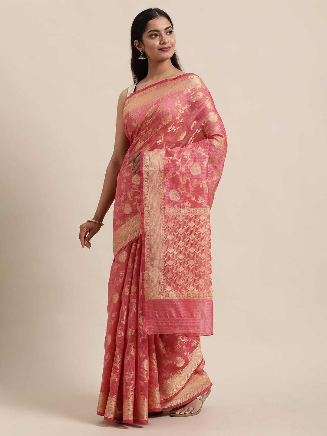 Pink Kota Doria Silk Saree
