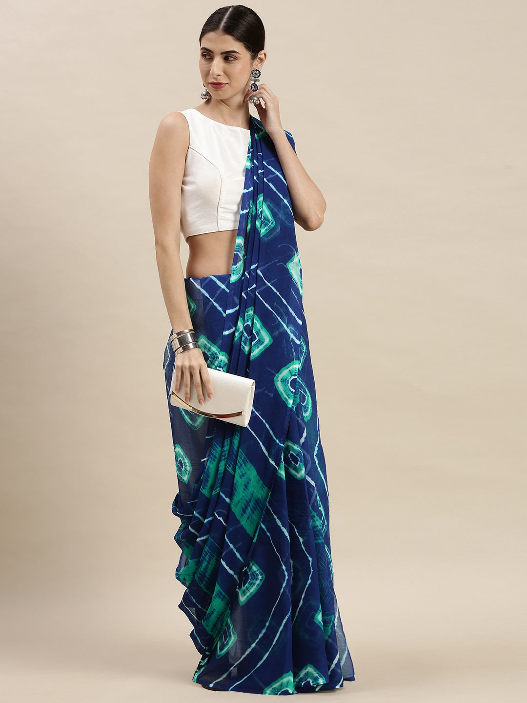 Blue Bandhani With Leheriya & Shibori Print Chiffon Saree