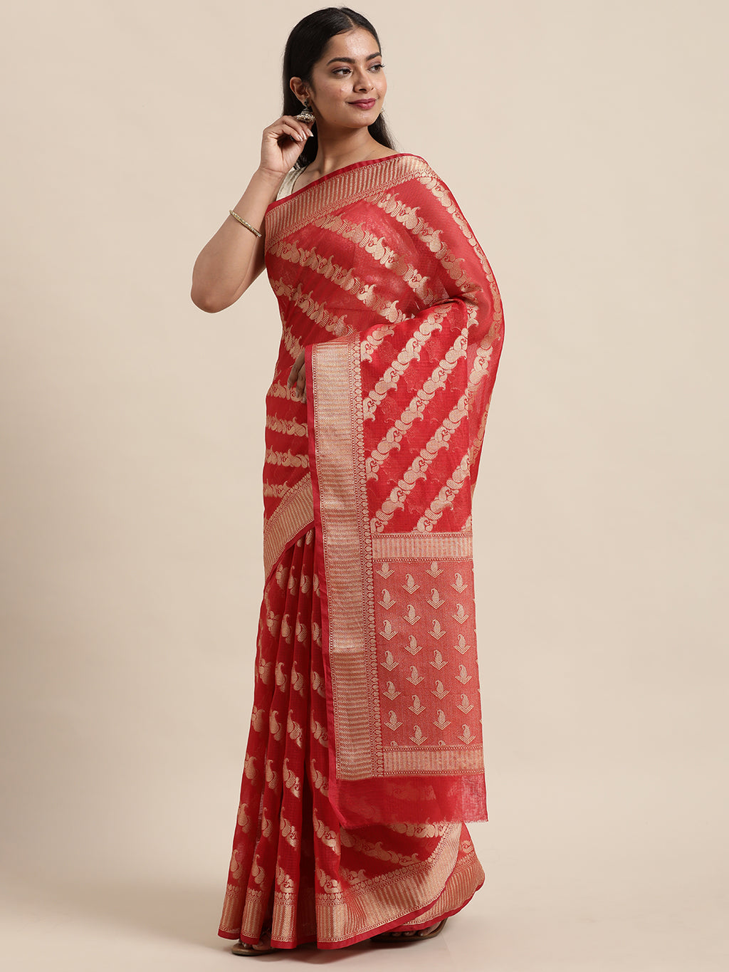 Red Floral Printed Zari Work Kota Doria Silk Saree