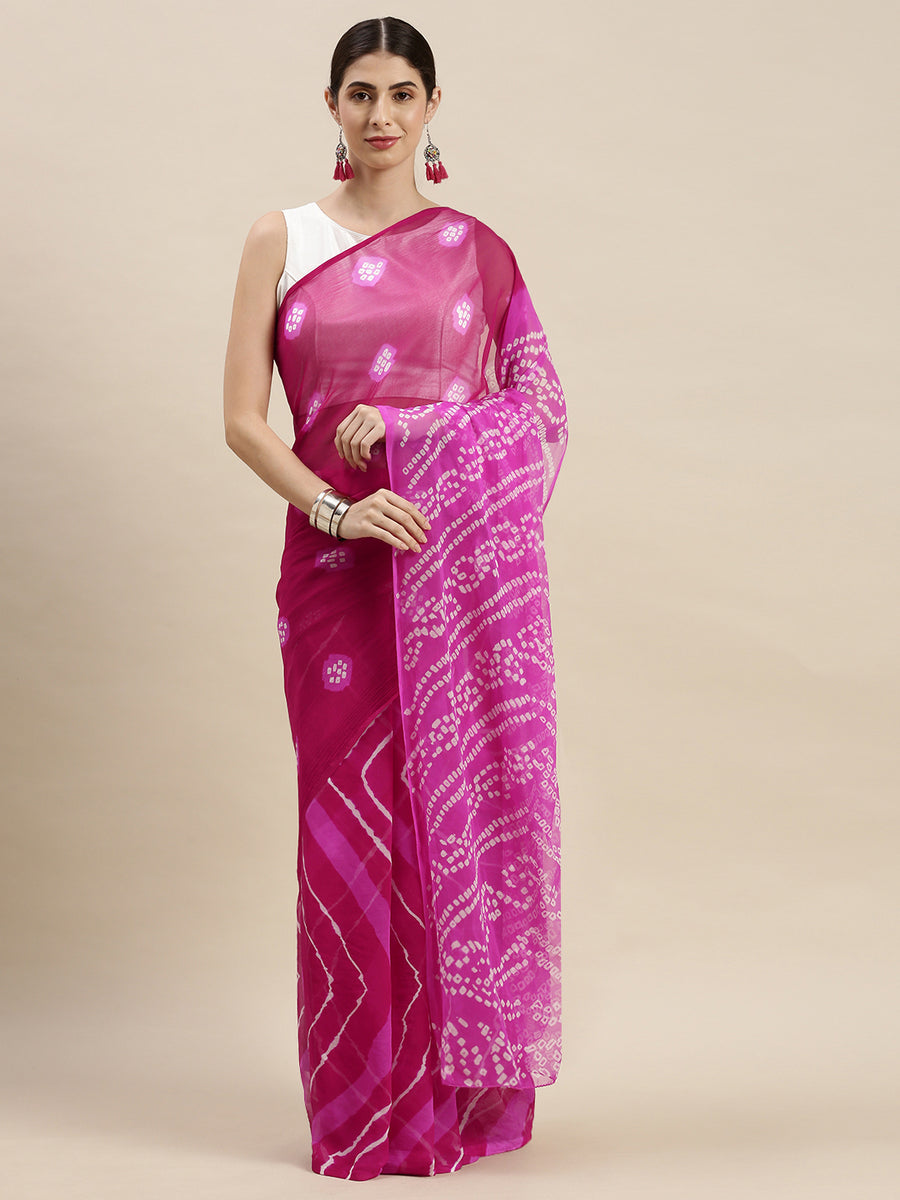 Pink Hand Dyed Leheriya Chiffon Saree