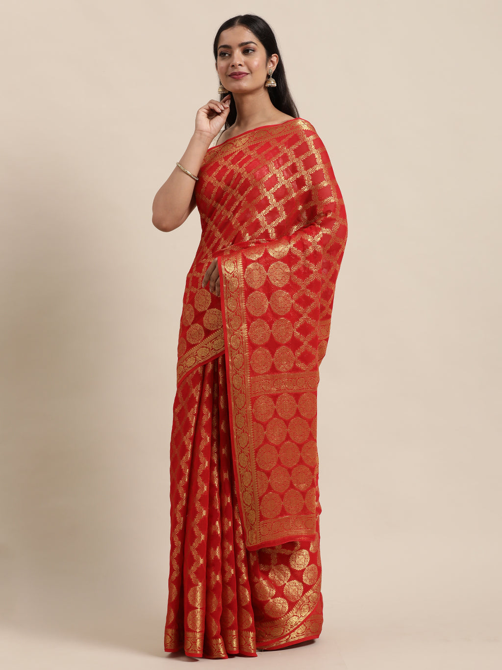Red Floral Printed Zari Work Georgette Saree