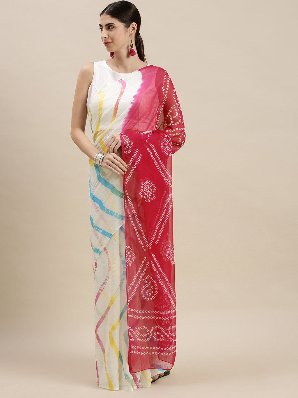 Red & White Bandhani With Leheriya Chiffon Saree