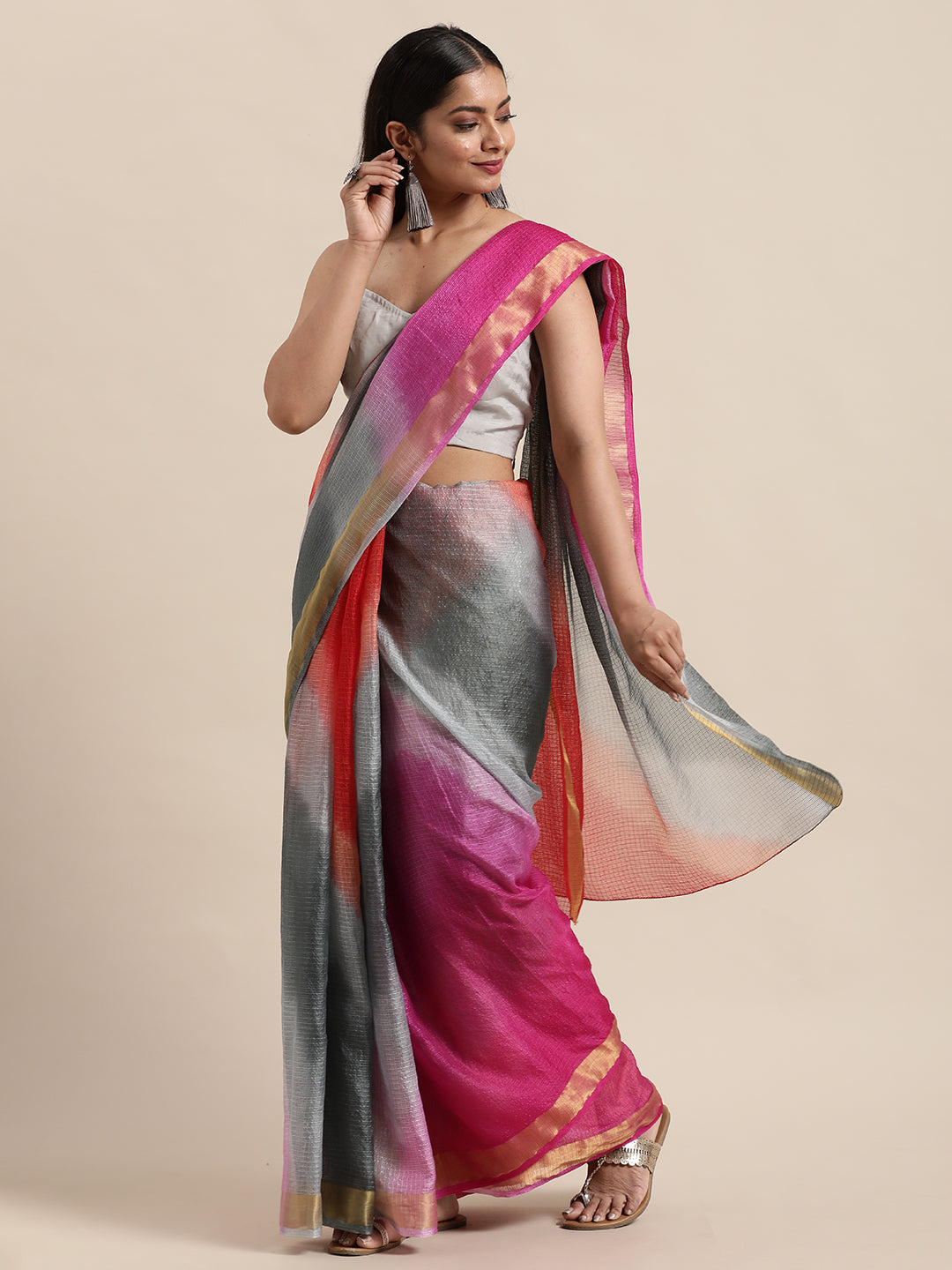 Multi Color Tie & Dye Zari Border Kota Doria Silk Saree