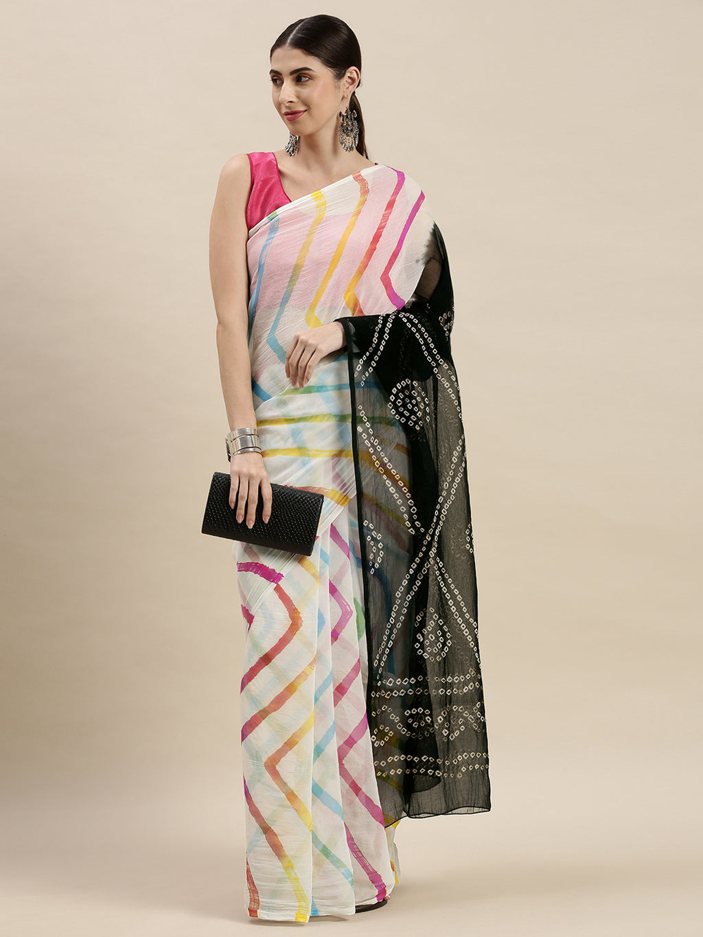 White Bandhani With Leheriya Chiffon Saree