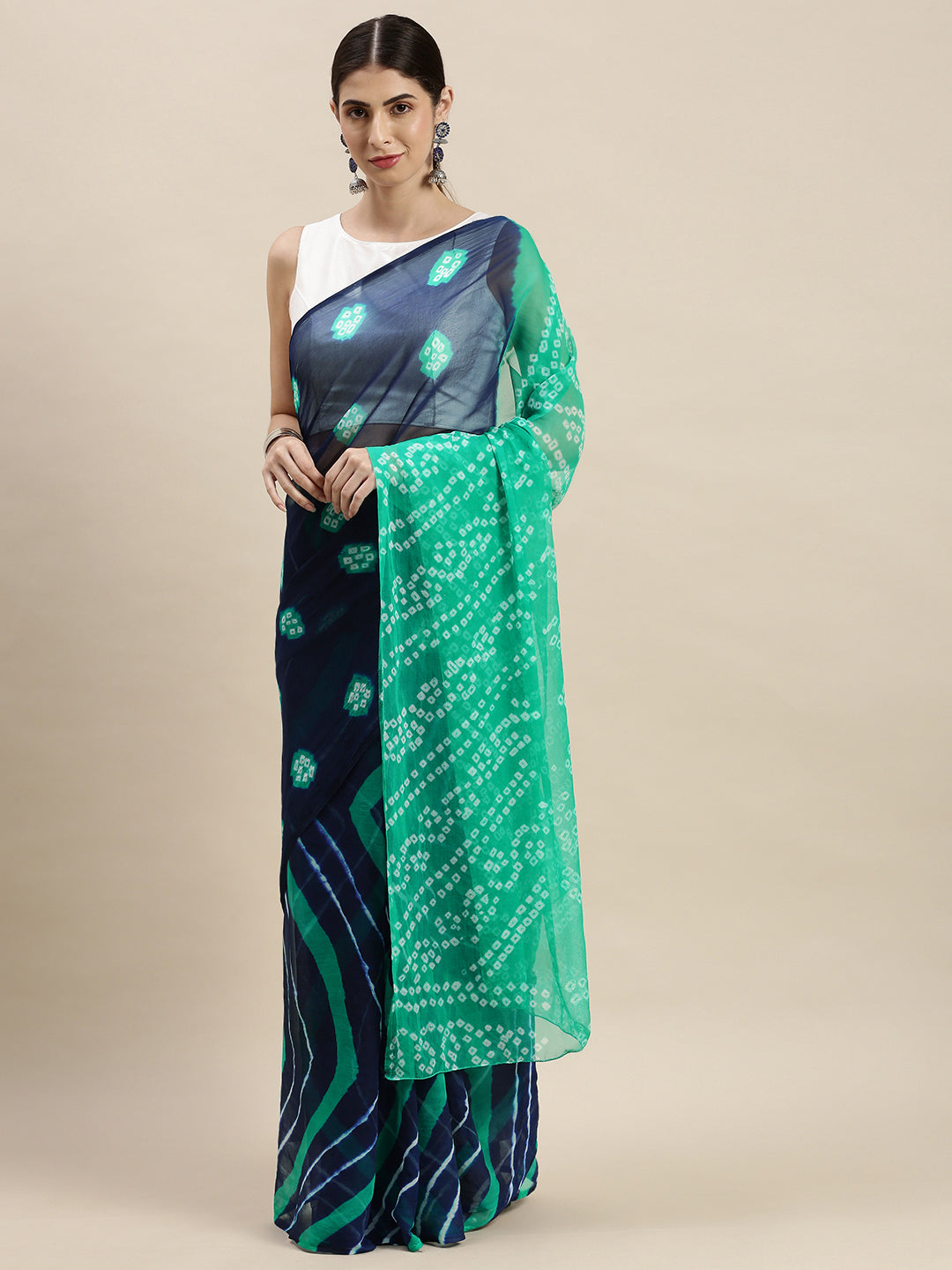 Navy Blue Bandhani With Leheriya Chiffon Saree