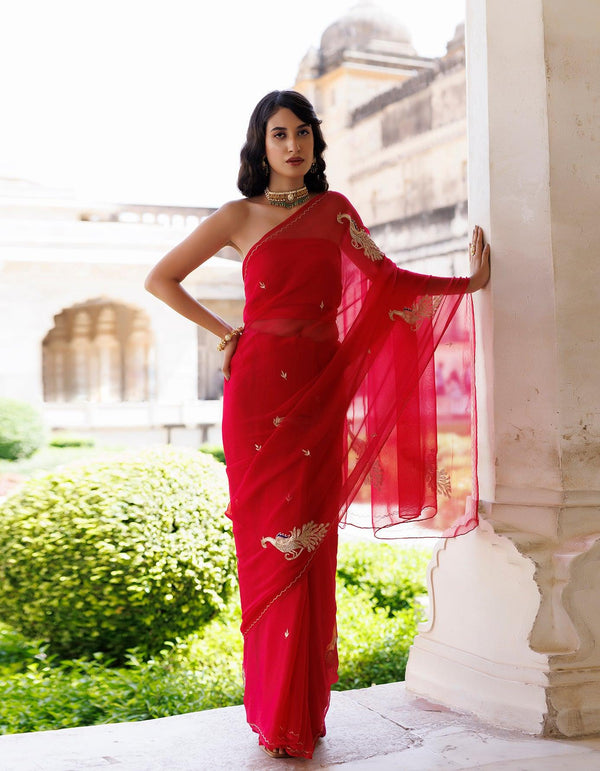 Fushia pink Hand embroidered Aari-tube Chiffon saree - Geroo Jaipur