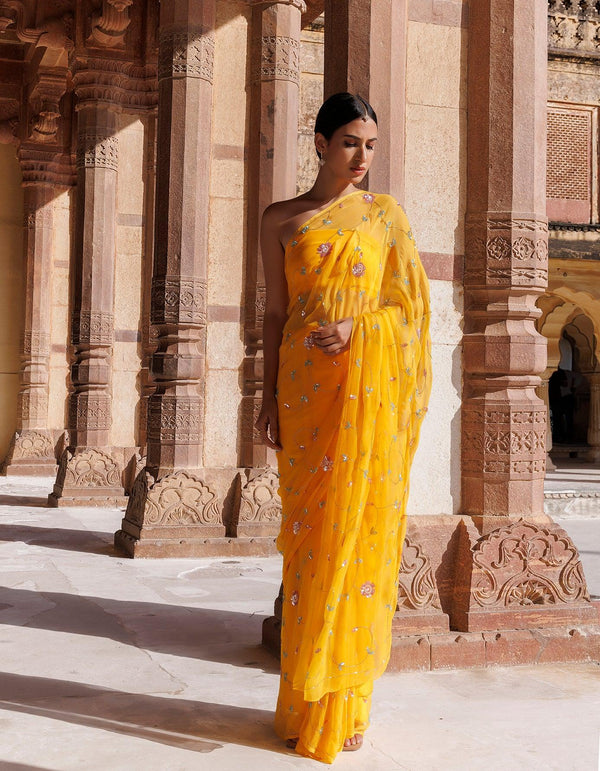 Golden Yellow Hand embroidered Sequins-Tube jaal Chiffon saree - Geroo Jaipur