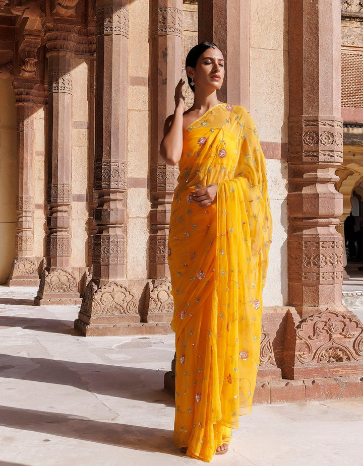 Golden Yellow Hand embroidered Sequins-Tube jaal Chiffon saree - Geroo Jaipur